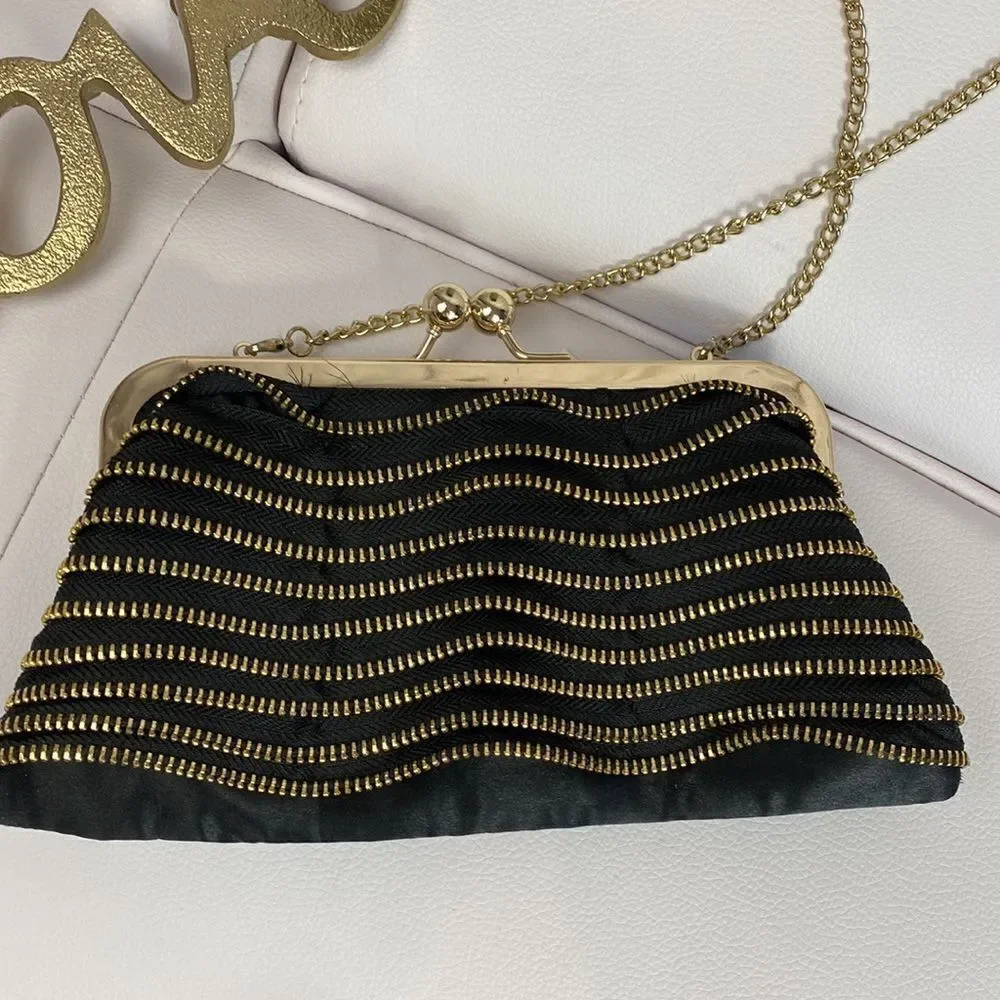 Ruffled Zipper Evening Bag Clutch Black Gold with Strap